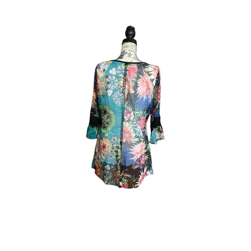 Dor Dor Couture Top Womens Medium Black Floral Mesh Sheer Boho Artsy Retro Tunic - Picture 3 of 5